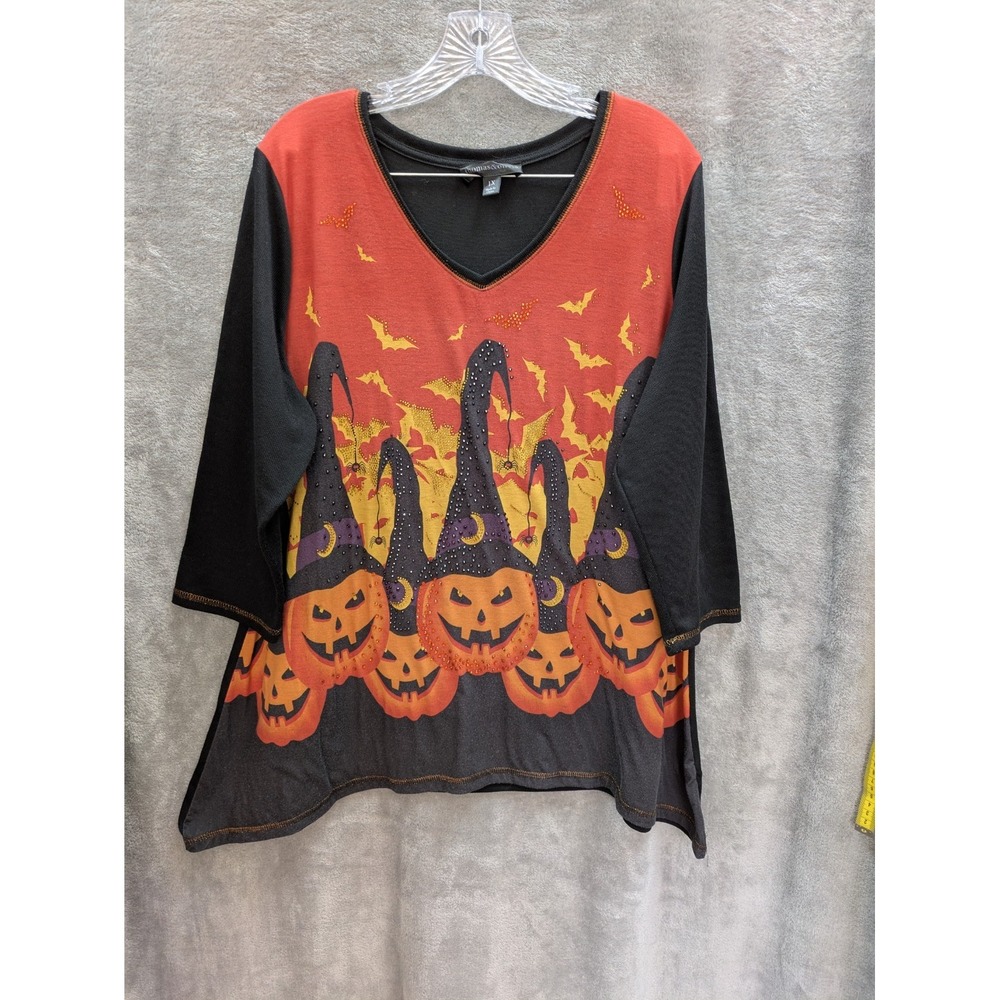 Halloween Shirt Women's 1X Casual Jack O Lanterns Witch Hats Festive